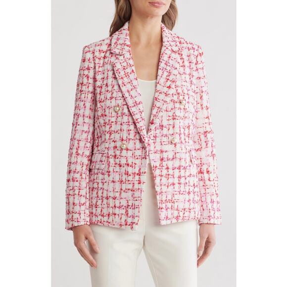 Nanette Lepore Women’s Two Pearl Button Boucle Tweed Blazer Size 14 Pink White - Picture 1 of 7